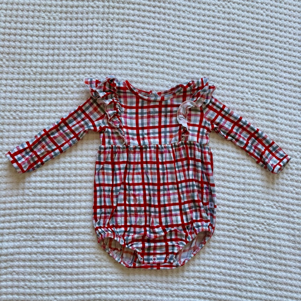 Birdie Bean Red Plaid Ruffle Bubble Romper Bamboo Long Sleeve: 6-12 Months